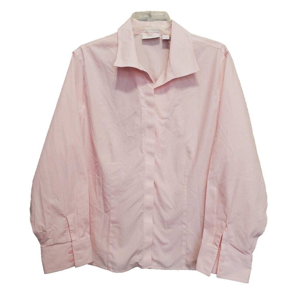 Chico's No-Iron Pink Striped Cotton Long Sleeve Button-Up Top Size 3 (XL)